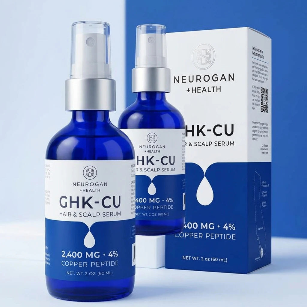 Neurogan GHK-CU hair and scalp serum bottles with packaging on a light blue background