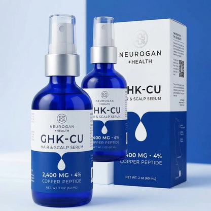 Neurogan GHK-CU hair and scalp serum bottles with packaging on a light blue background