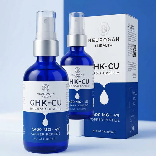 Neurogan GHK-CU hair and scalp serum bottles with packaging on a light blue background
